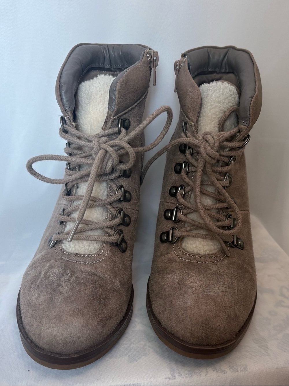 Kensie Taupe Suede Lace-Up Sherpa Ankle Boots